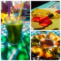 mezze plate with spinach juice with mango cake at House of Wonders in Cascais