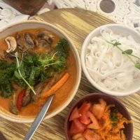 Thai curry soup with rice noodles and salad (vegan)  at House of Wonders in Cascais