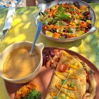 Vegan "pamcake" with veggies and gazpacho. Salad with 2 falafel balls and veggies at House of Wonders in Cascais