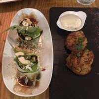 Zucchini Roll on left and Falafel on right  at House of Wonders in Cascais