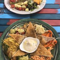 Red pepper quiche & salad and a vegan plate! at House of Wonders in Cascais