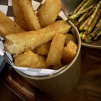 Yucca fries and asparagus with a pepper kick yum   at Balam  in Whistler