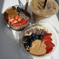 Classic açai bowl and oat iced latte  at The Acai Grove in Chester