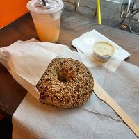 Everything bagel with vegan cream cheese and rose lemonade. Bagel was delicious, dip was good if you like lemon at Bbagels  in Montreal