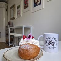 Rhubarb & raspberry maritozzi -- a beautiful creation. at Vegalicious Pastry in Helsinki