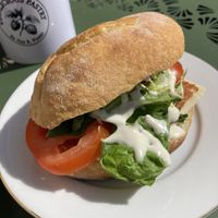 Sandwich with salad, cucumber, tomato, aioli, roast biif and potato bread   at Vegalicious Pastry in Helsinki