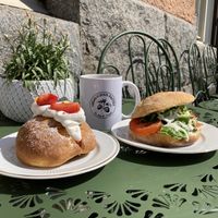 Maritozzo and sandwich + filter coffee with potato milk   at Vegalicious Pastry in Helsinki