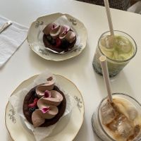 Nordic mudcakes, iced latte, iced matcha lattee  at Vegalicious Pastry in Helsinki
