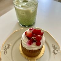 Passionfruit cake & iced matcha  at Vegalicious Pastry in Helsinki