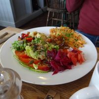 Vegan fritters with salad at Laportes in Lewes