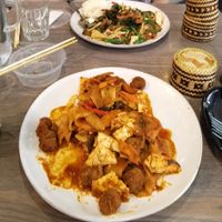 Stir Fried Chilli Bamboo in front, and Ga-Prao in back, plus sticky rice. at YOD in Haymarket