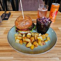 Oyster mushroom burger with rosemary potatoes at Hume in Liverpool