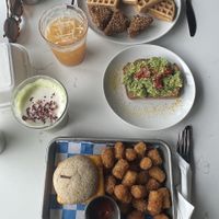 Breakfast Sando, chicken and waffles, avo toast, cherry pie matcha, mango dream drink   at FiKA in Grand Rapids