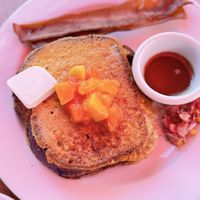 French toast with piggy free bacon   at Vegetate  in Kapaa