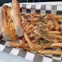 Philly cheese steak with garlic fries at Mission Burger Co. in Atlanta