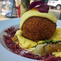 Vegan crab cake egg Benedict at MALU in Saugatuck