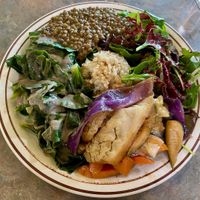 Steamed collards, brown rice, French lentils with onion, sauteed cabbage & salad with beet-agave dressing at Shangri-La Vegan - Linden in Oakland