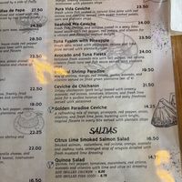 Menu as of May 2025  at Pura Vida Restaurant in Toronto