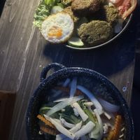 mushroom noodle soup and chickpea fritters  at Sa Mu Coffee & Restaurants in Lao Cai