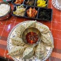 Vegan dumplings, Ginseng tea, rice and sides. at Cherry Garden in Seoul