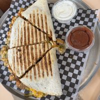 Tofu Quesadilla with Sour Cream and Salsa as sides  at Burrito Gringo - Bronson Ave in Ottawa