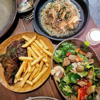 Main course - cauliflower & turnip mash, mushroom frites with green peppercorn sauce (salty!!), muffaletta salad  at Smith & Daughters in Collingwood