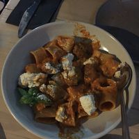 pasta with meatballs in a vodka tomato sauce and vegan ricotta at Smith & Daughters in Collingwood
