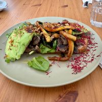 The ultimate toast with egg subbed for mushrooms to be vegan. at Clarice's in Alvor