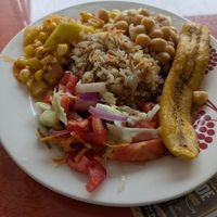 Garbanzos, corn, rice, plantain, salad at Salud y Vida in Sogamoso
