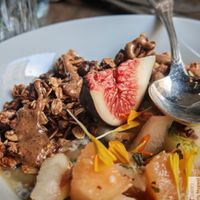 Chai pudding, Home made Granola, seasonal fresh fruit, Amlou at La Cuisine de Souad @ Ernest & Souad in Paris