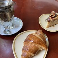 Croissant (great!) and apple-almond cake (a bit dry) at Koffie ende Koeck in Amsterdam