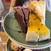 Afternoon tea, top layer: chocolate cake, cheese cake and carrot cake at Koffie ende Koeck in Amsterdam