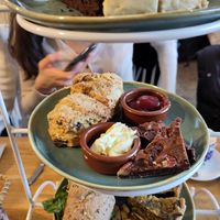 Afternoon tea, middle layer: scones with butter and jam, brownie at Koffie ende Koeck in Amsterdam