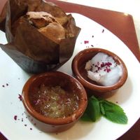 Scuffin (combination of scone and muffin) with cocosbutter and confiture at Koffie ende Koeck in Amsterdam