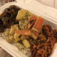 3 curries with rice. Compostable takeaway packaging at 7 Siri - Taste of Sri Lanka in Auckland