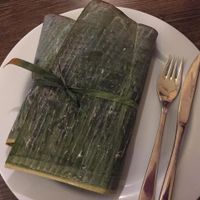 Mix of curries and rice wrapped in banana leaves at 7 Siri - Taste of Sri Lanka in Auckland
