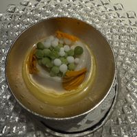 Desert had small frozen balls of basil! Melted in our mouths   at Californios in San Francisco