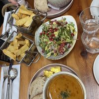 Sweet potato & chili soup, salad and chunky chips. Oat flat white🤎  at Riverhill in Helensburgh