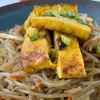 Japchae noodles with lemongrass tofu and the hibiscus lime cooler at Kin Cafe in Houston