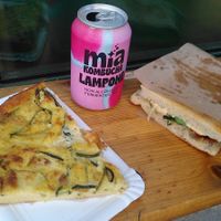 Vegan zucchini pie, raspberry kombucha and Focaccia. at Focacceria Cecino in Milan