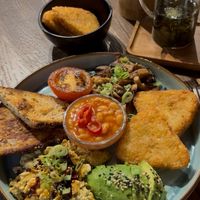 Full English breakfast and peppermint teaa  at Hinterland Alcohol-Free Bar and Cafe in Manchester