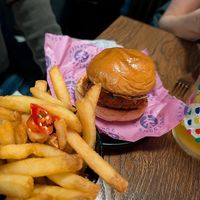 Salt 'n' pepper faux chicken burger & fries at Hinterland Alcohol-Free Bar and Cafe in Manchester
