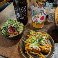 Lemon pesto Mac n cheese and Korean tofu poppers at Hinterland Alcohol-Free Bar and Cafe in Manchester