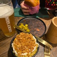 mac and cheese, burger & alch free beer  at Hinterland Alcohol-Free Bar and Cafe in Manchester