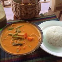 Vegetable curry with rice at OM Kampot in Kampot