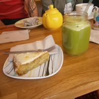 Vegan courgette cake with green juice. at Meadowlark No. 39 in Edinburgh