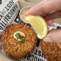 Crab Cakes with tartar sauce  at Happy Vegan in Garland