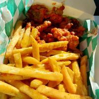 buffalo wings & fries with cheese sauce at Dirty Vegan Shack in St Louis