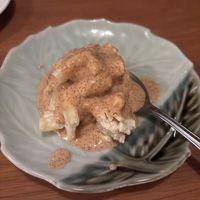 Potato pasta salad with crazy delicious sauce imitating fish roe. at Vegan Ramen YADOKARI in Fukuoka