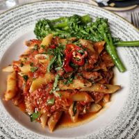 Penne Arrabbiata (VG) plus some of the Tenderstem Broccoli side dish that was requested as VGO at Trattoria Settebello   in Gloucester